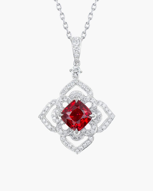 2.52 carat Cushion Cut Mozambique Ruby and Diamond Lotus Pendant Necklace