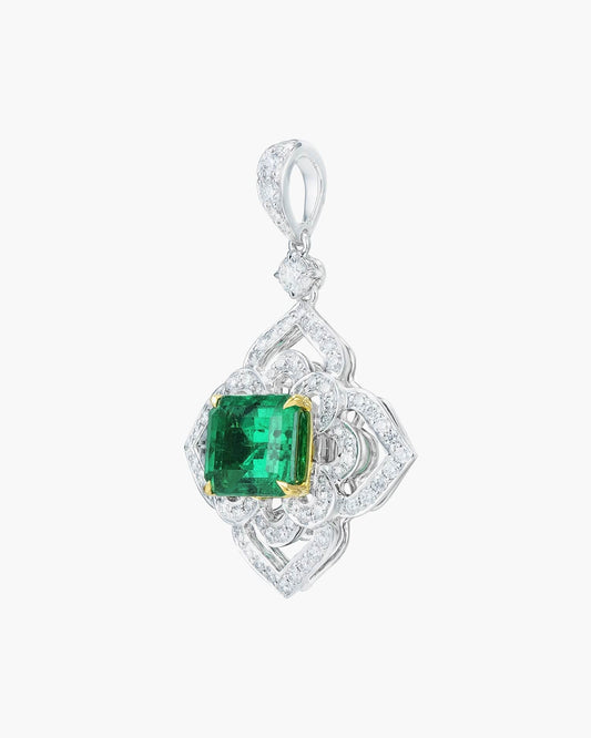 2.36 carat Emerald Cut Colombian Emerald and Diamond Lotus Pendant Necklace