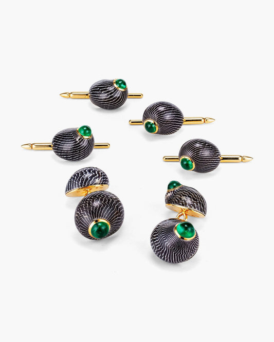 Nerita Zebra Shell and Emerald Cufflinks and Stud Set