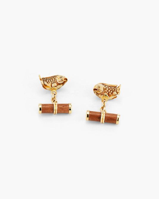 Carved Mammoth Ivory and Walnut Wood Koi Fish Cufflinks