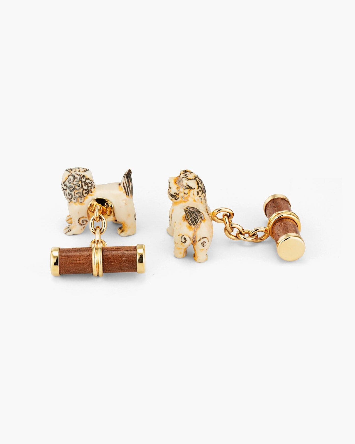 Carved Mammoth Ivory and Walnut Wood Foo Dogs Cufflinks