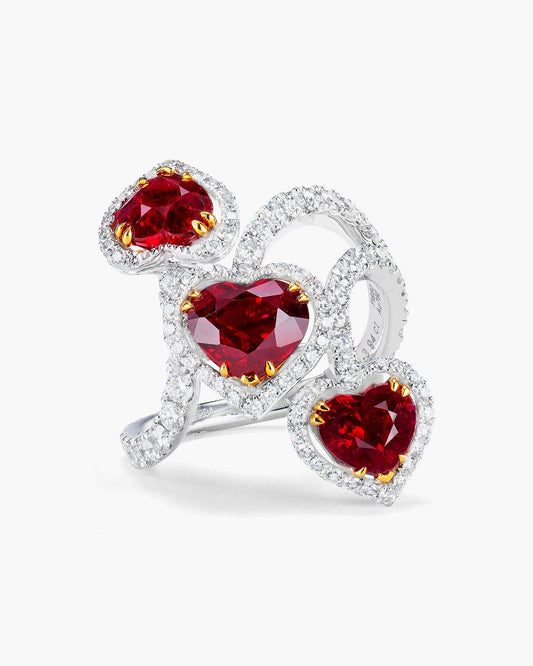 Three-Stone Heart Shape Burmese Ruby and Diamond Ring