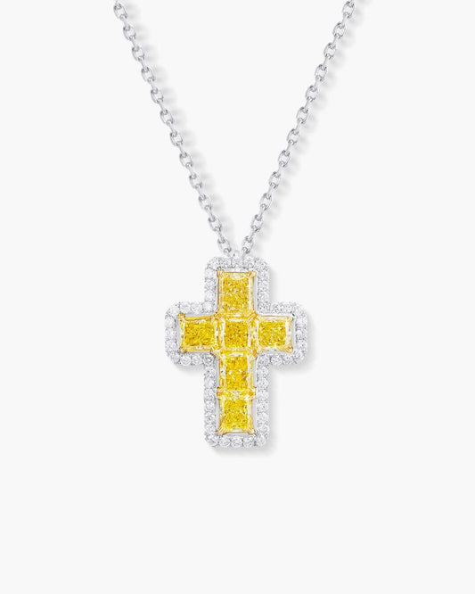 Radiant Cut Yellow and White Diamond Cross Pendant Necklace, 1.88 carats