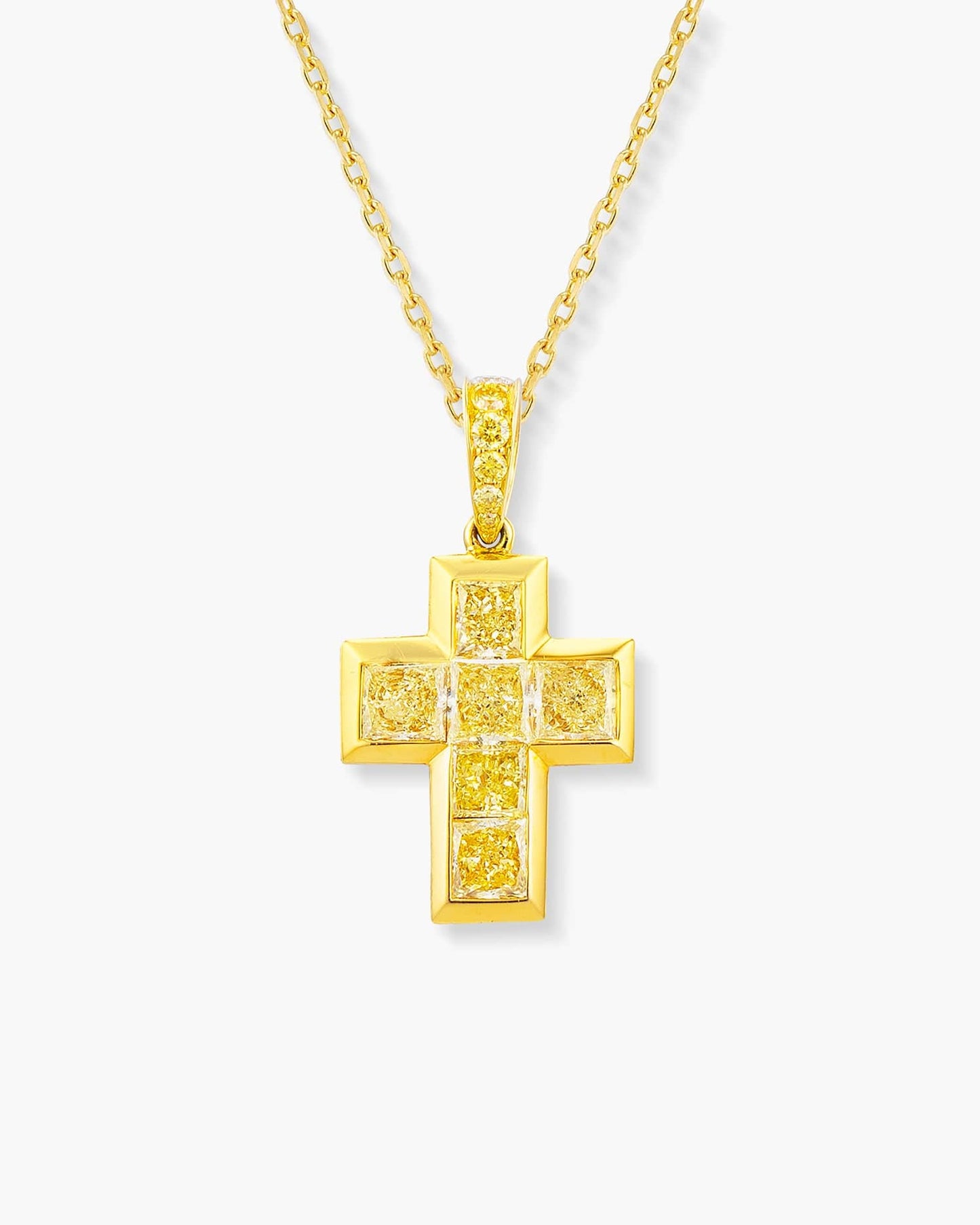 Princess Cut Yellow and White Diamond Cross Pendant Necklace, 1.77 carats