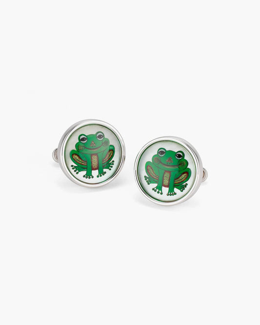 Mother of Pearl and Crystal Hand Painted Laughing Frog Cufflinks