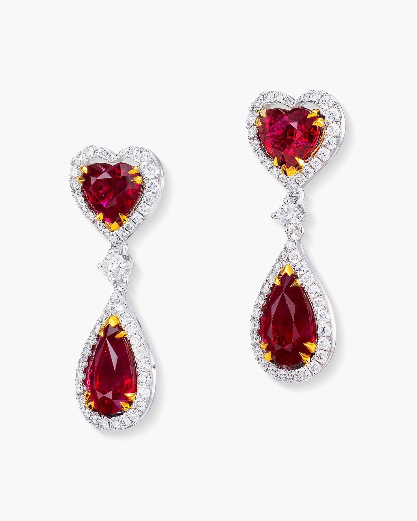 4.55 carat Heart and Pear Shape Burmese Ruby and Diamond Earrings