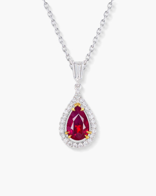 1.11 carat Pear Shape Burmese Ruby and Diamond Pendant Necklace