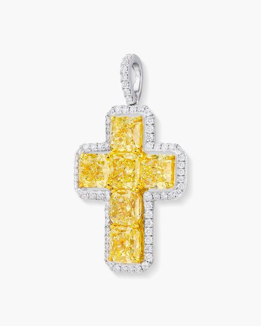Radiant Cut Yellow and White Diamond Cross Pendant Necklace, 5.82 carats