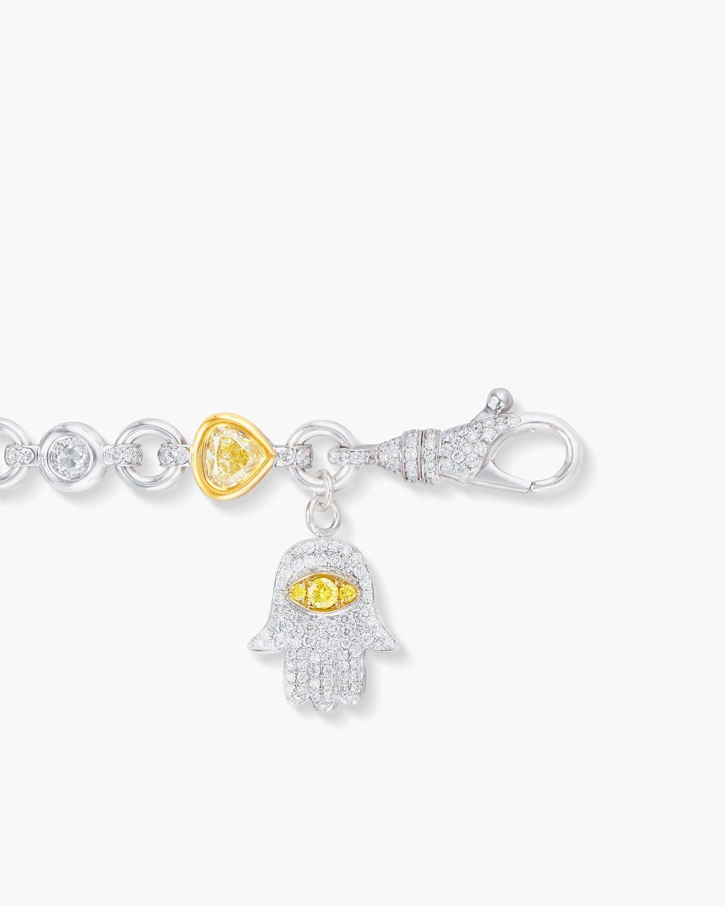 Yellow and White Diamond Charm Bracelet with Hamsa Charm