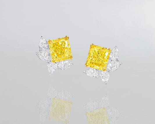 11.80 carat Radiant Cut Fancy Intense Yellow and White Diamond Cluster Earrings