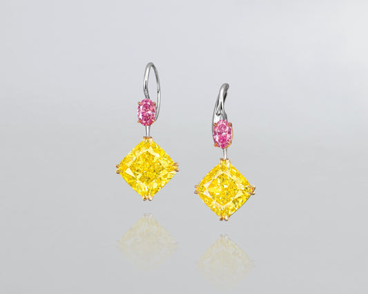 6.92 carat Cushion Cut Fancy Vivid Yellow and Pink Diamond Earrings