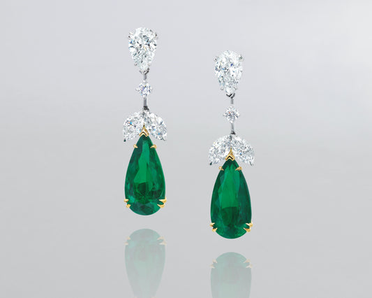 7.74 carat Pear Shape Colombian Emerald and Diamond Earrings