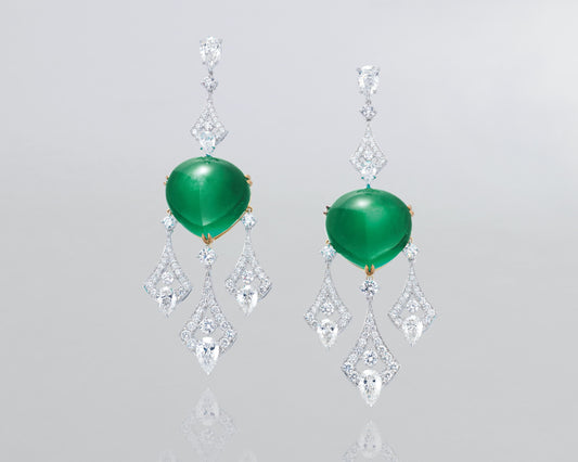 61.09 carat Cabochon Emerald and Diamond Chandelier Earrings