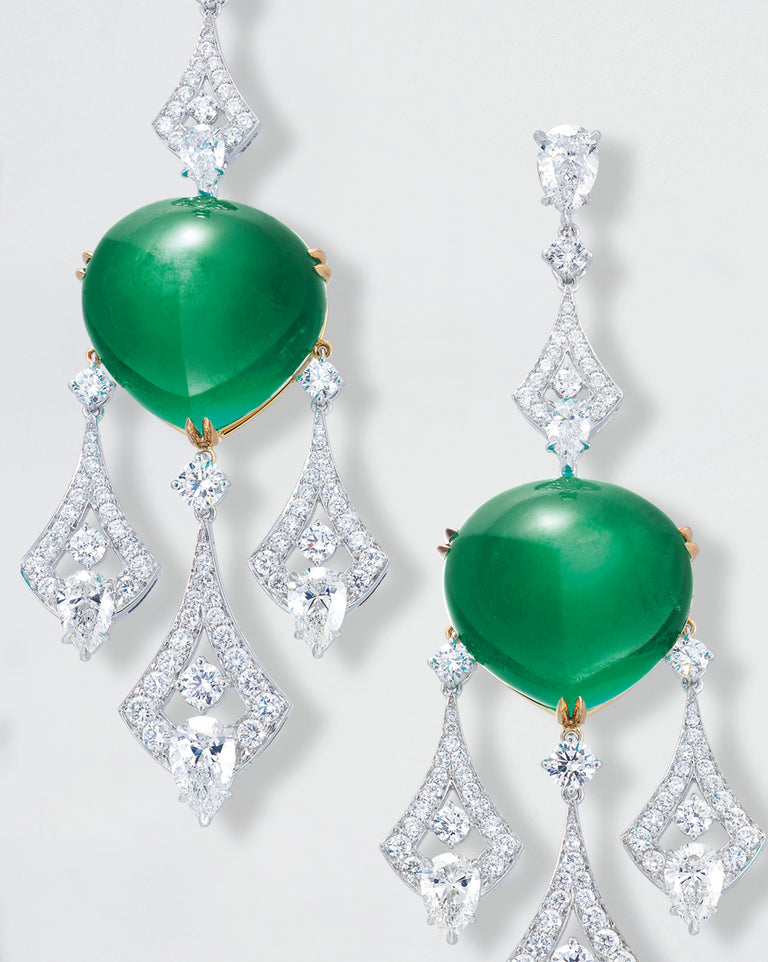 Cabochon Colombian Emerald and Diamond Chandelier Earrings