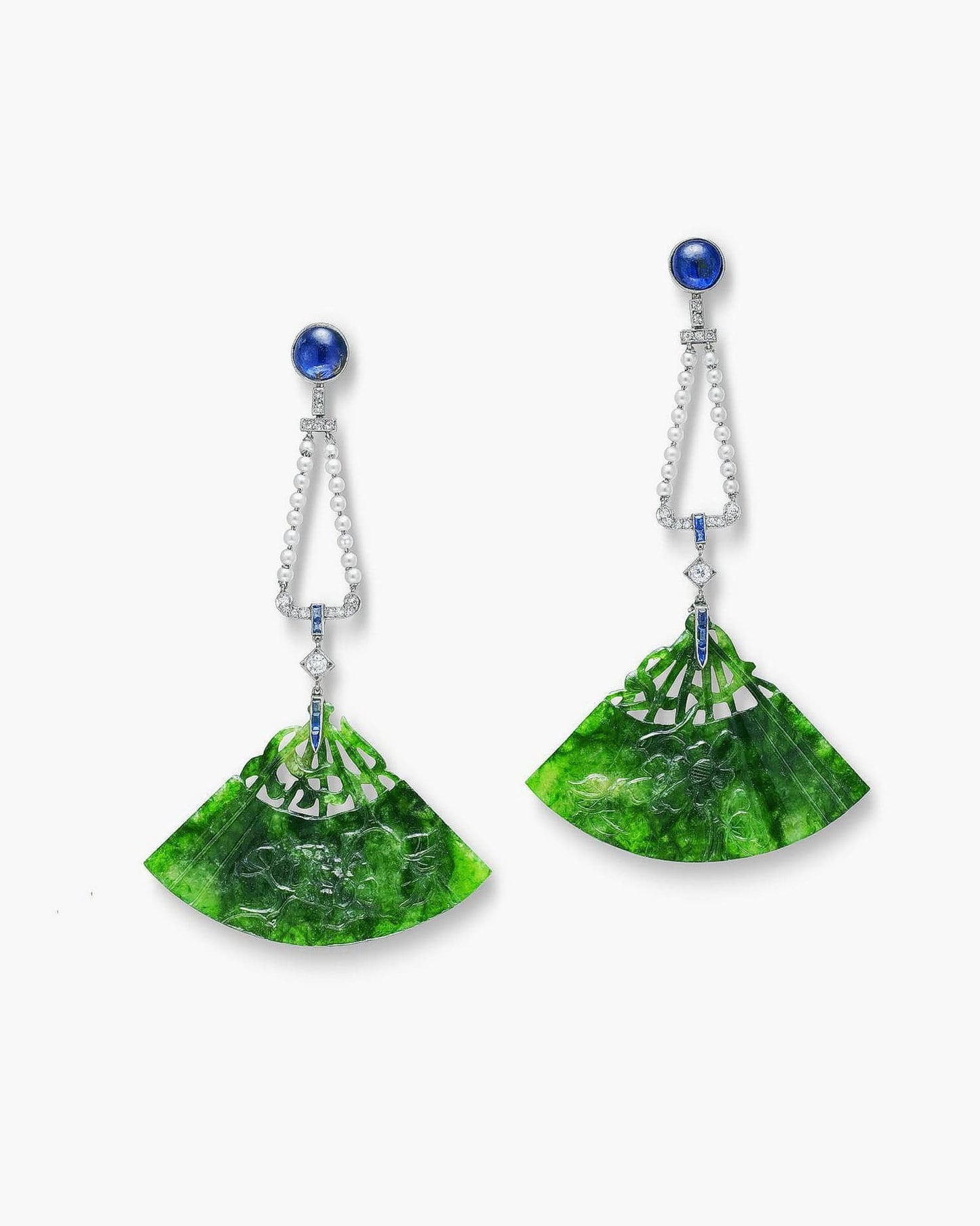 Art Deco Jade, Sapphire, Pearl and Diamond Fan Earrings