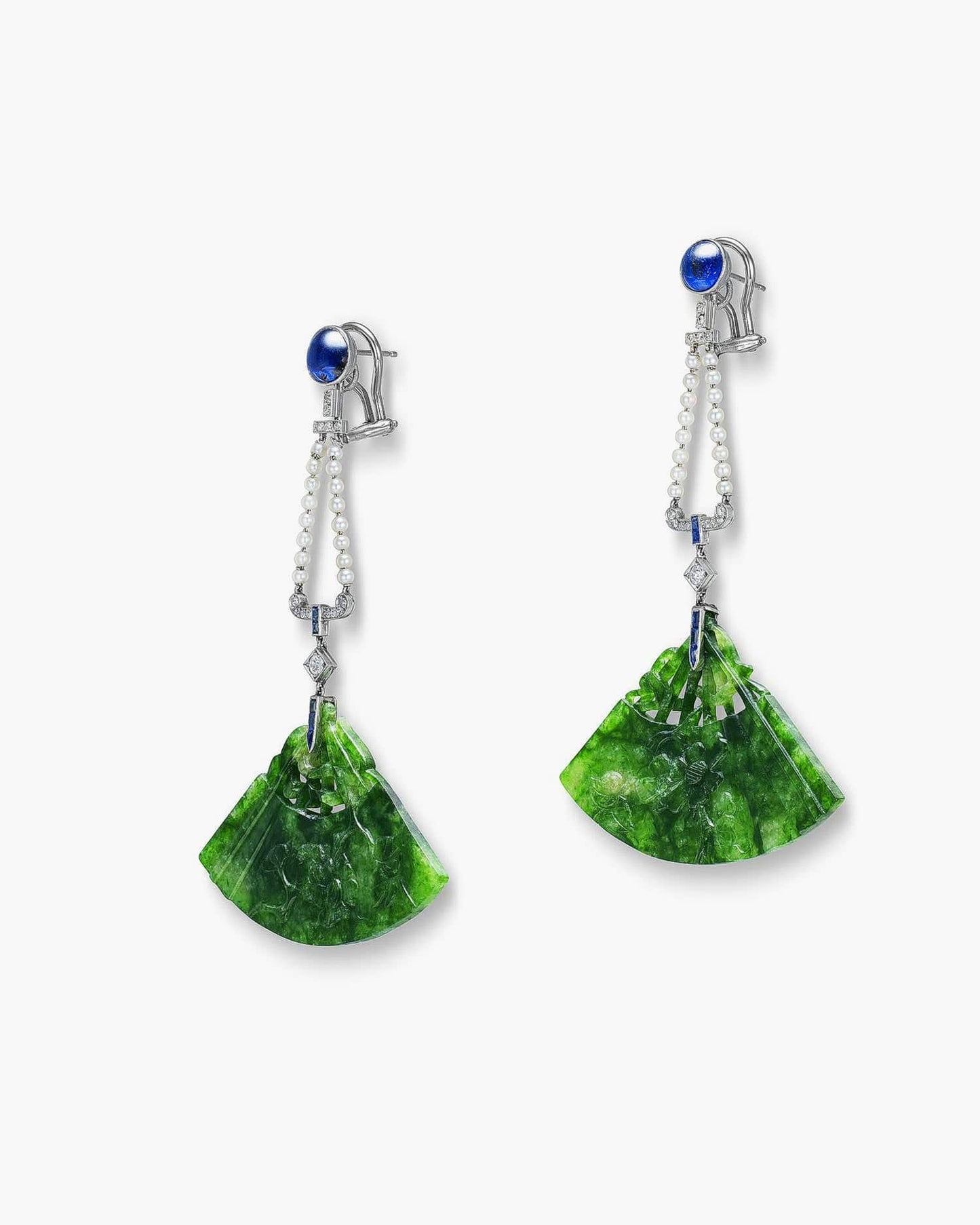 Art Deco Jade, Sapphire, Pearl and Diamond Fan Earrings