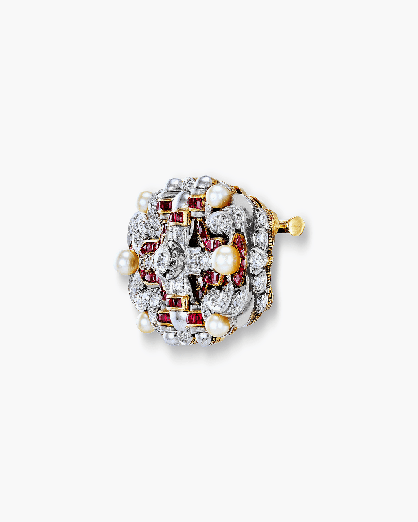 Art Deco Diamond, Pearl and Ruby Double Clip Brooch