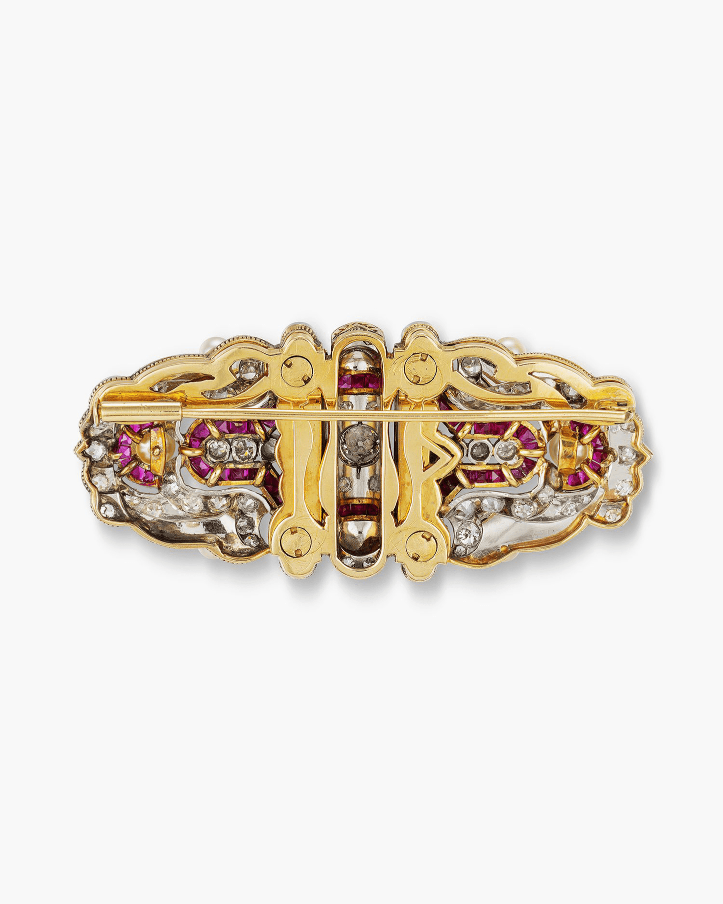 Art Deco Diamond, Pearl and Ruby Double Clip Brooch