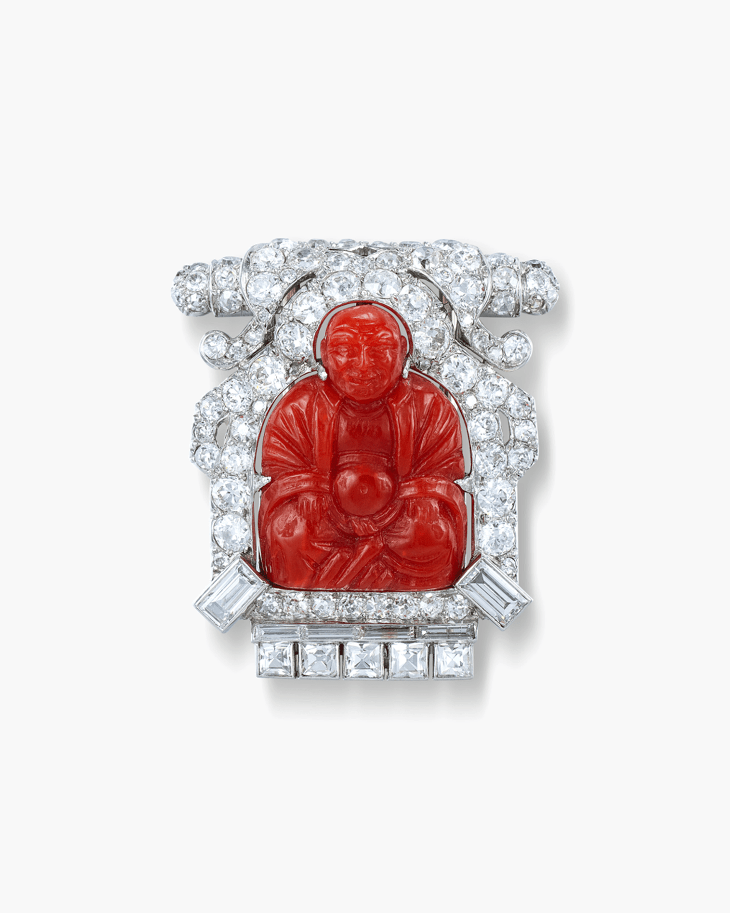 Art Deco Diamond and Coral Buddha Brooch