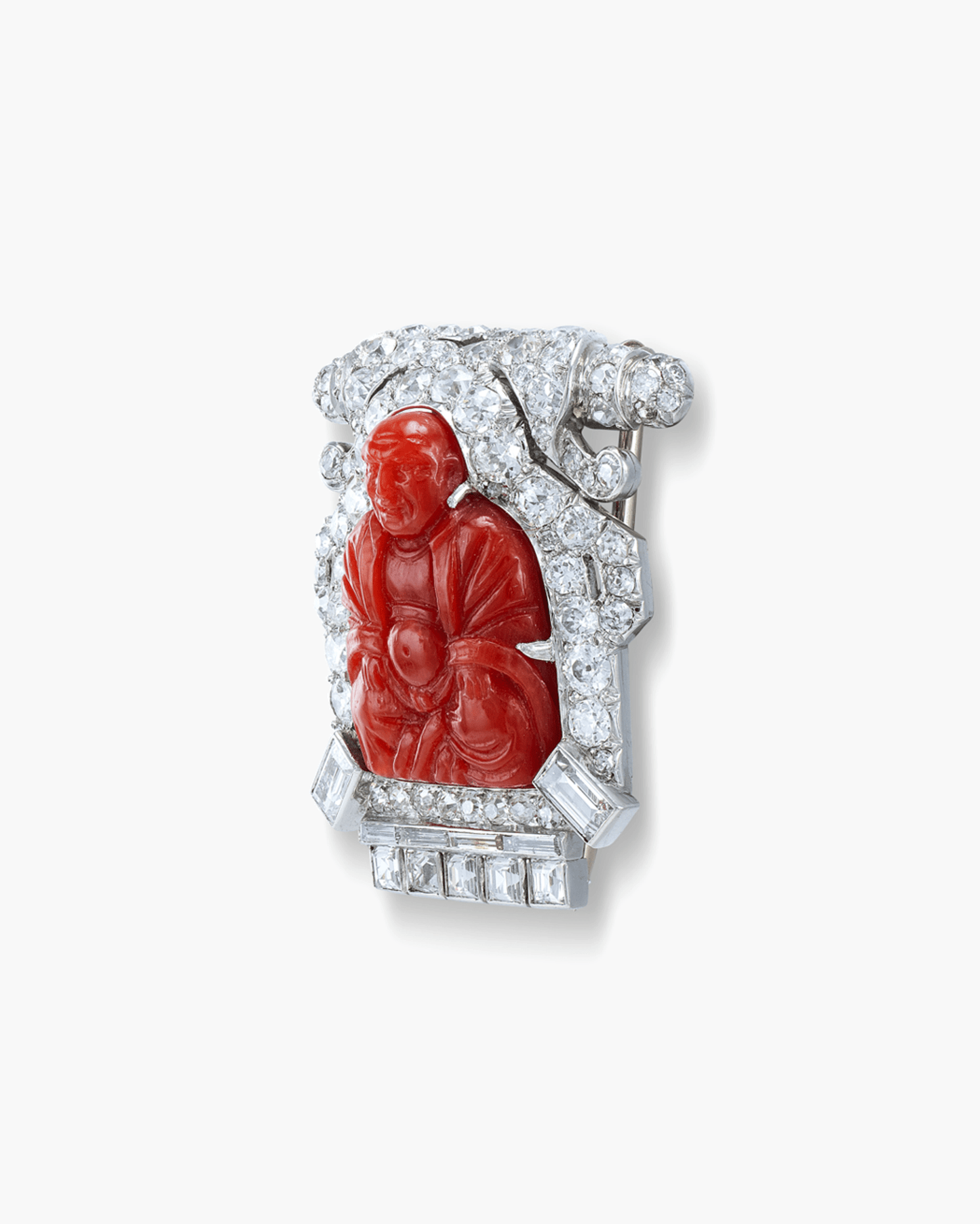 Art Deco Diamond and Coral Buddha Brooch