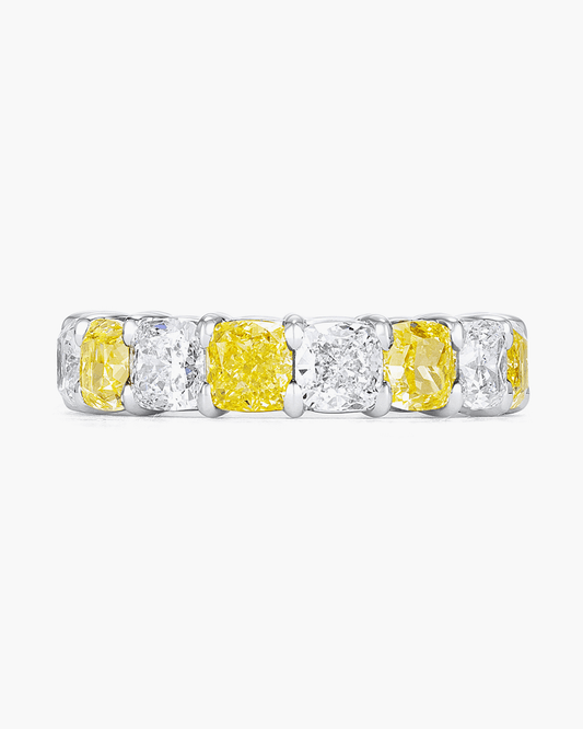 Cushion Cut Yellow and White Diamond Eternity Ring
