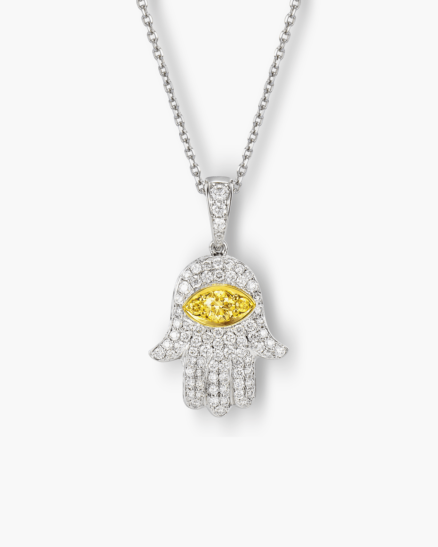 Yellow and White Diamond Hamsa Pendant Necklace, 0.71 carats