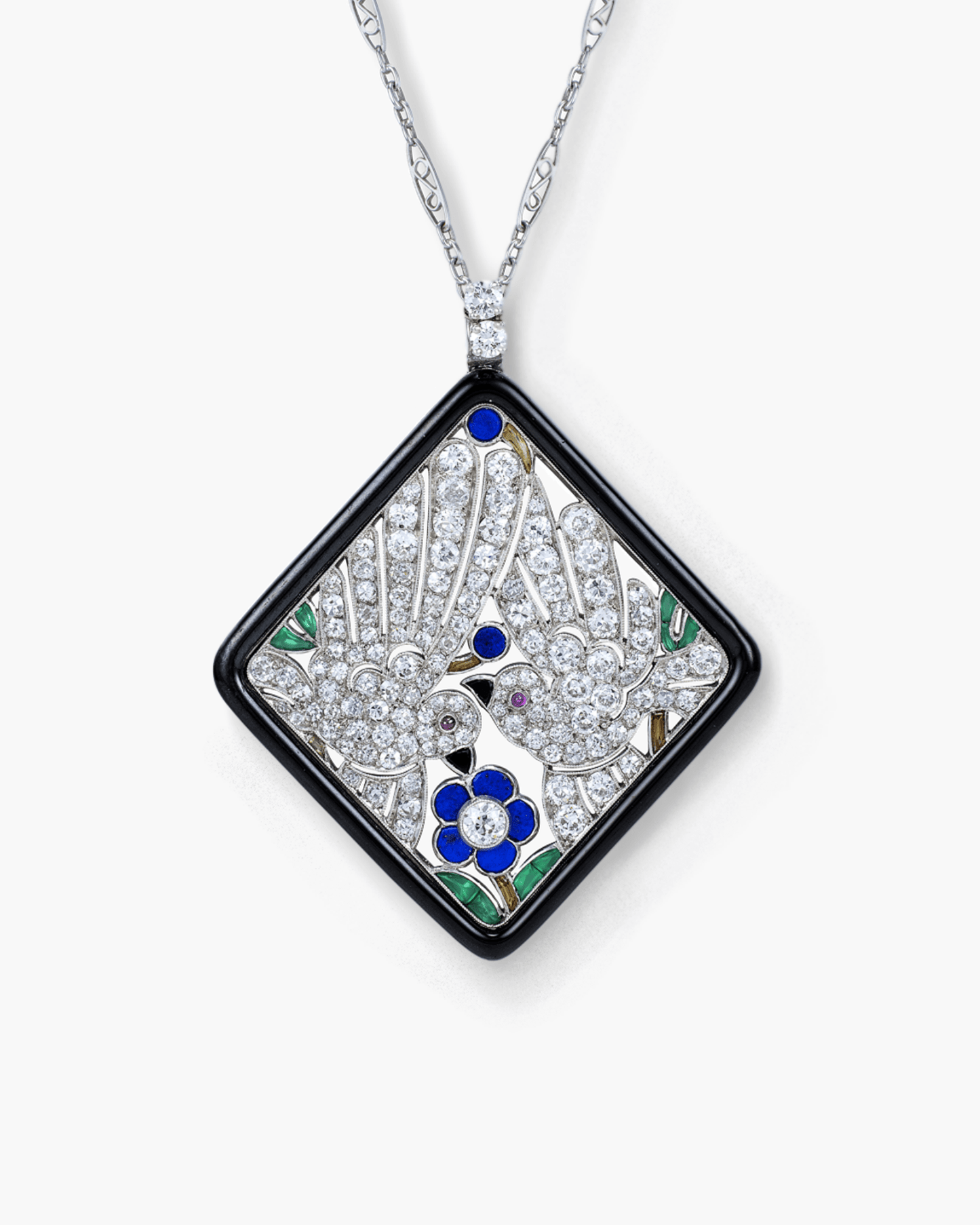 Art Deco Diamond, Ruby, Sapphire and Enamel Dove Pendant by Georges Lenfant