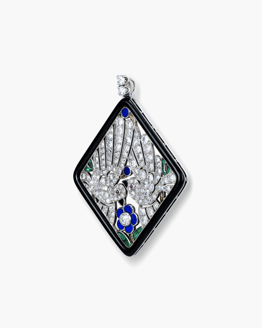 Art Deco Diamond, Ruby, Sapphire and Enamel Dove Pendant by Georges Lenfant