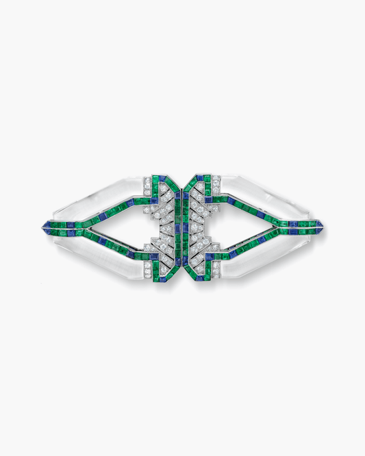 Art Deco Rock Crystal, Diamond, Sapphire and Emerald Double Clip Brooch by Raymond Yard