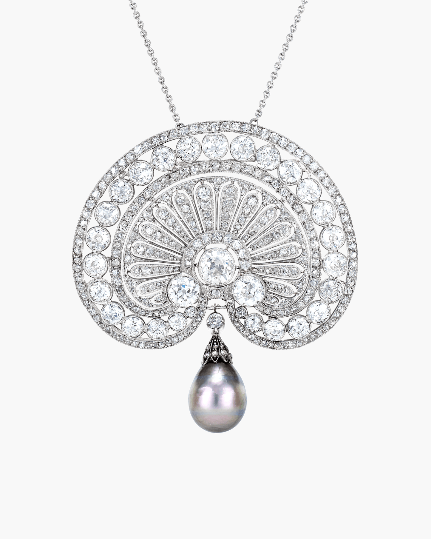 Edwardian Natural Pearl and Diamond Pendant Necklace