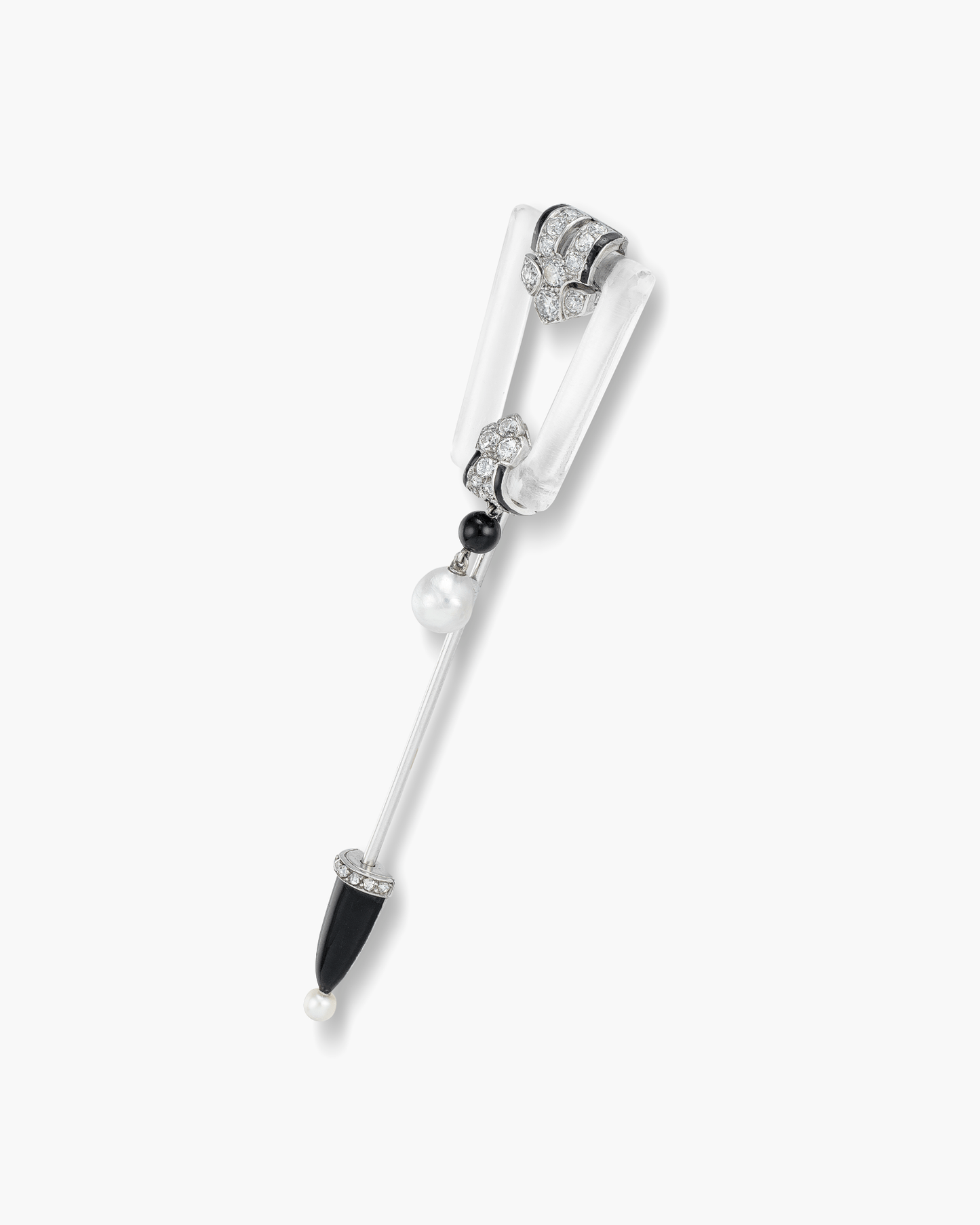 Art Deco Rock Crystal, Enamel, Onyx, Diamond & Pearl Jabot by Cartier