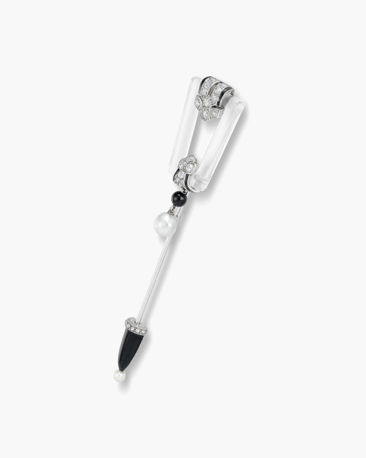 Art Deco Rock Crystal, Enamel, Onyx, Diamond & Pearl Jabot by Cartier