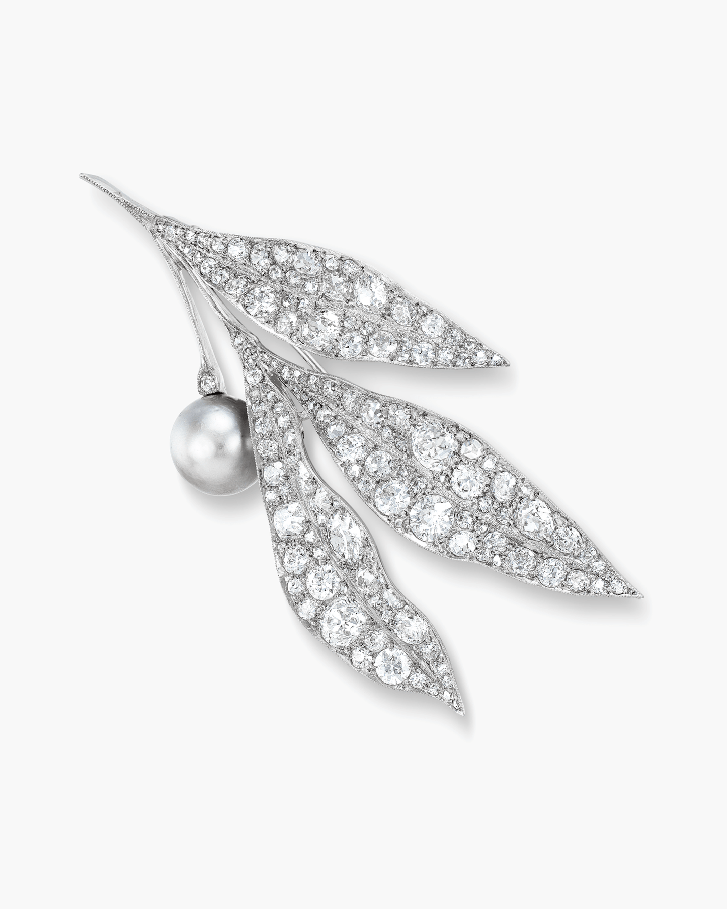 Edwardian Natural Pearl and Diamond Leaf Brooch