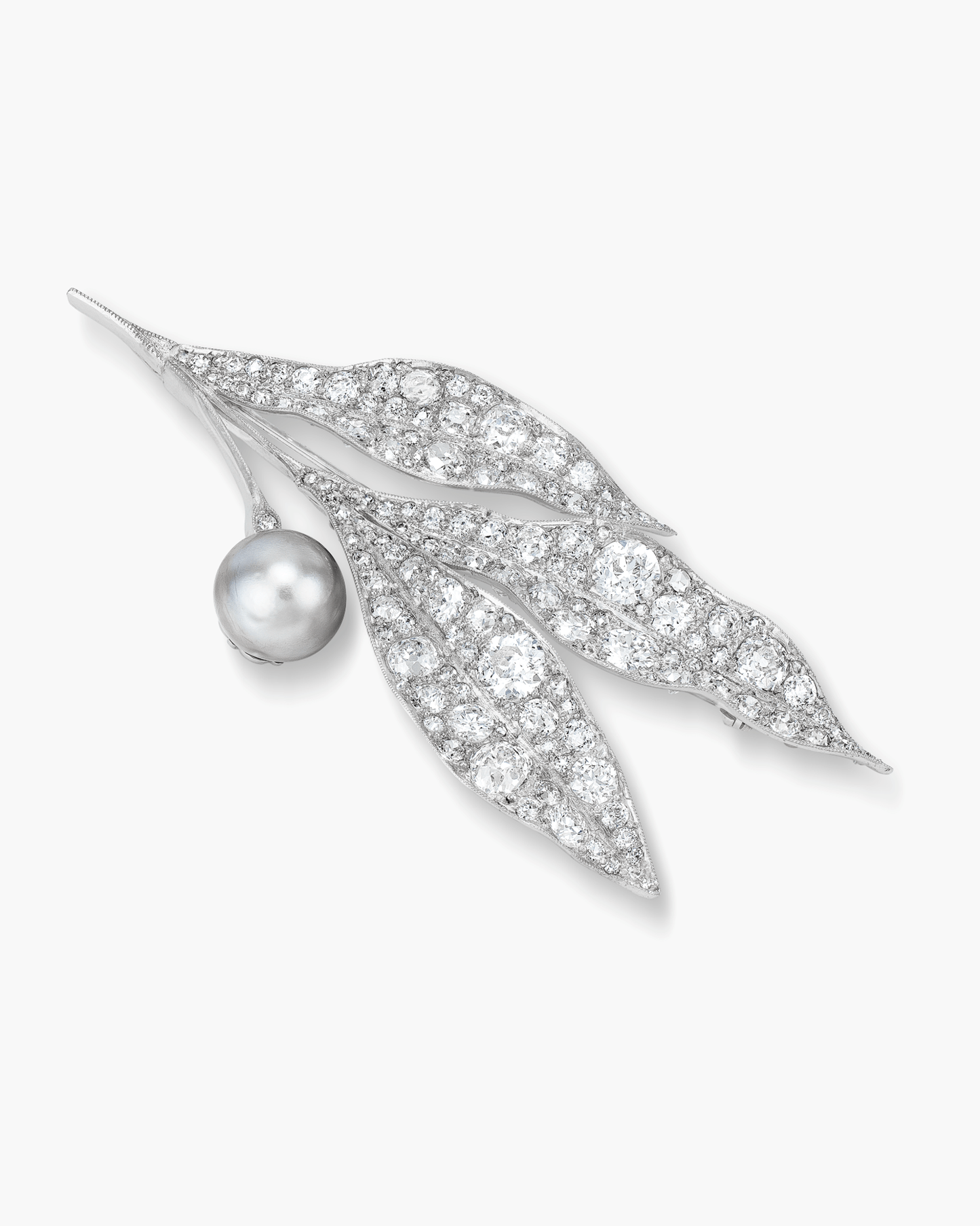 Edwardian Natural Pearl and Diamond Leaf Brooch