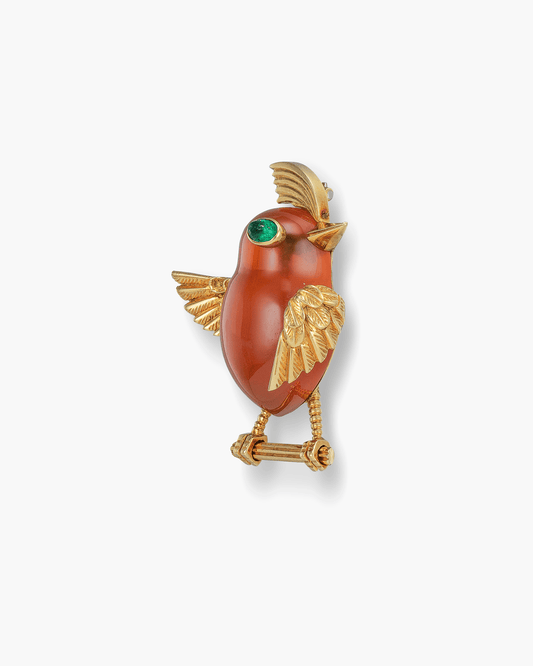 Estate Carnelian and Emerald Bird Brooch by Cartier