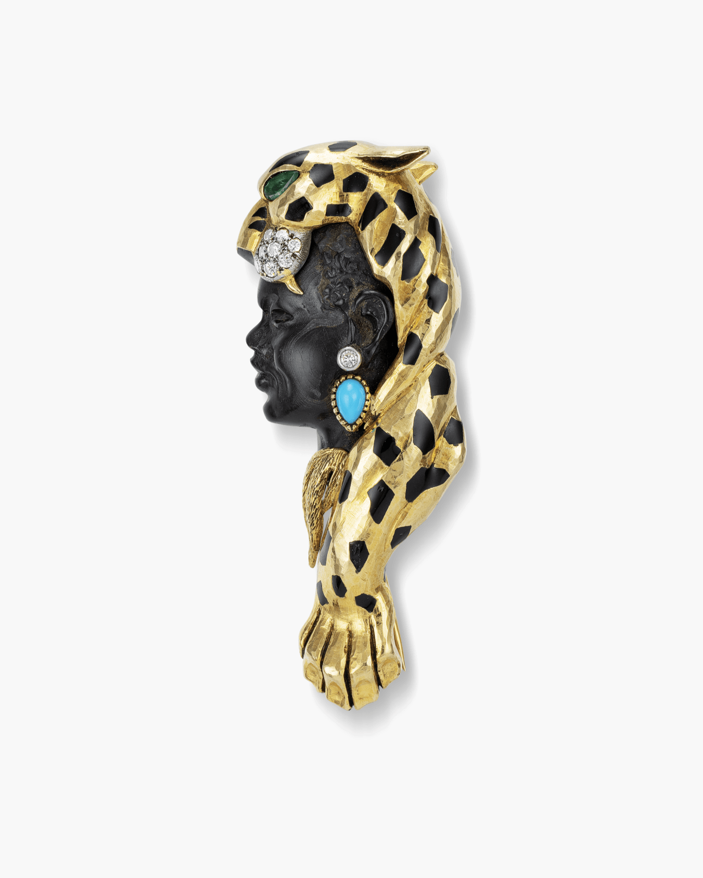 Estate Tortoise Shell, Enamel, Diamond and Emerald Blackamoor Brooch by Cartier