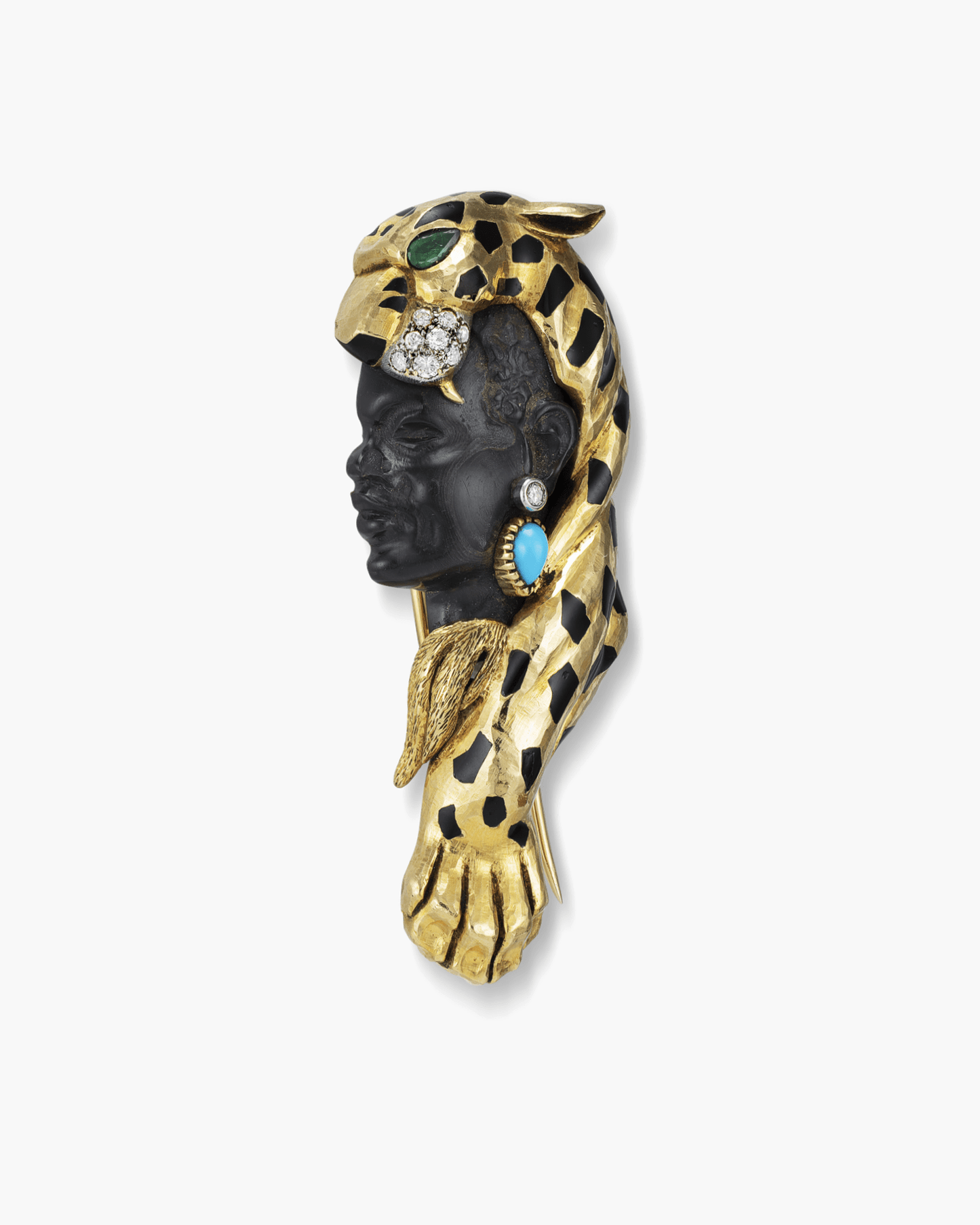 Estate Tortoise Shell, Enamel, Diamond and Emerald Blackamoor Brooch by Cartier