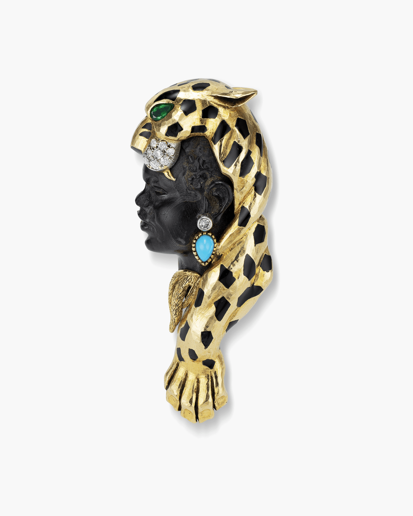 Estate Tortoise Shell, Enamel, Diamond and Emerald Blackamoor Brooch by Cartier