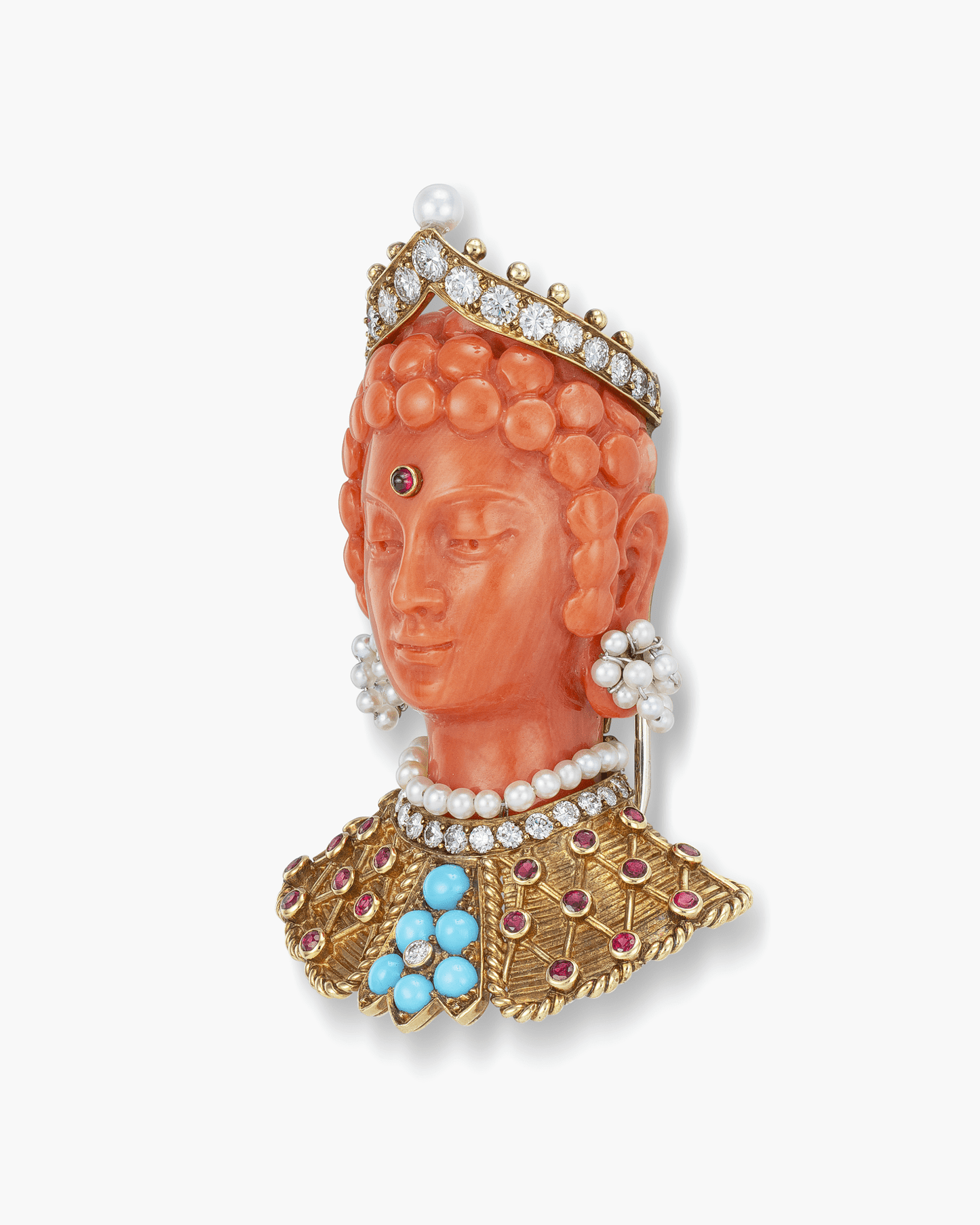 Estate Carved Coral and Diamond Bodhisattva Head Brooch by Cartier