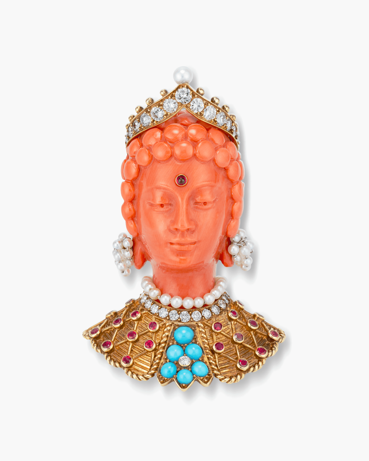 Estate Carved Coral and Diamond Bodhisattva Head Brooch by Cartier