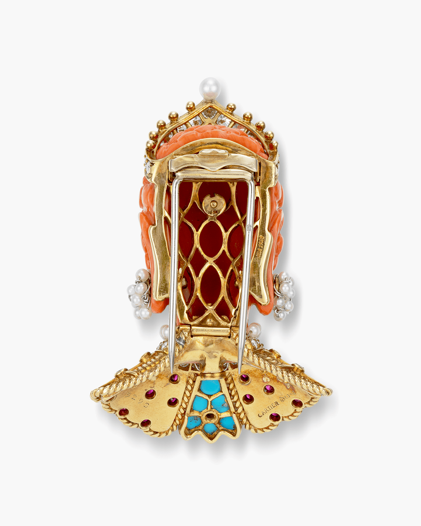 Estate Carved Coral and Diamond Bodhisattva Head Brooch by Cartier
