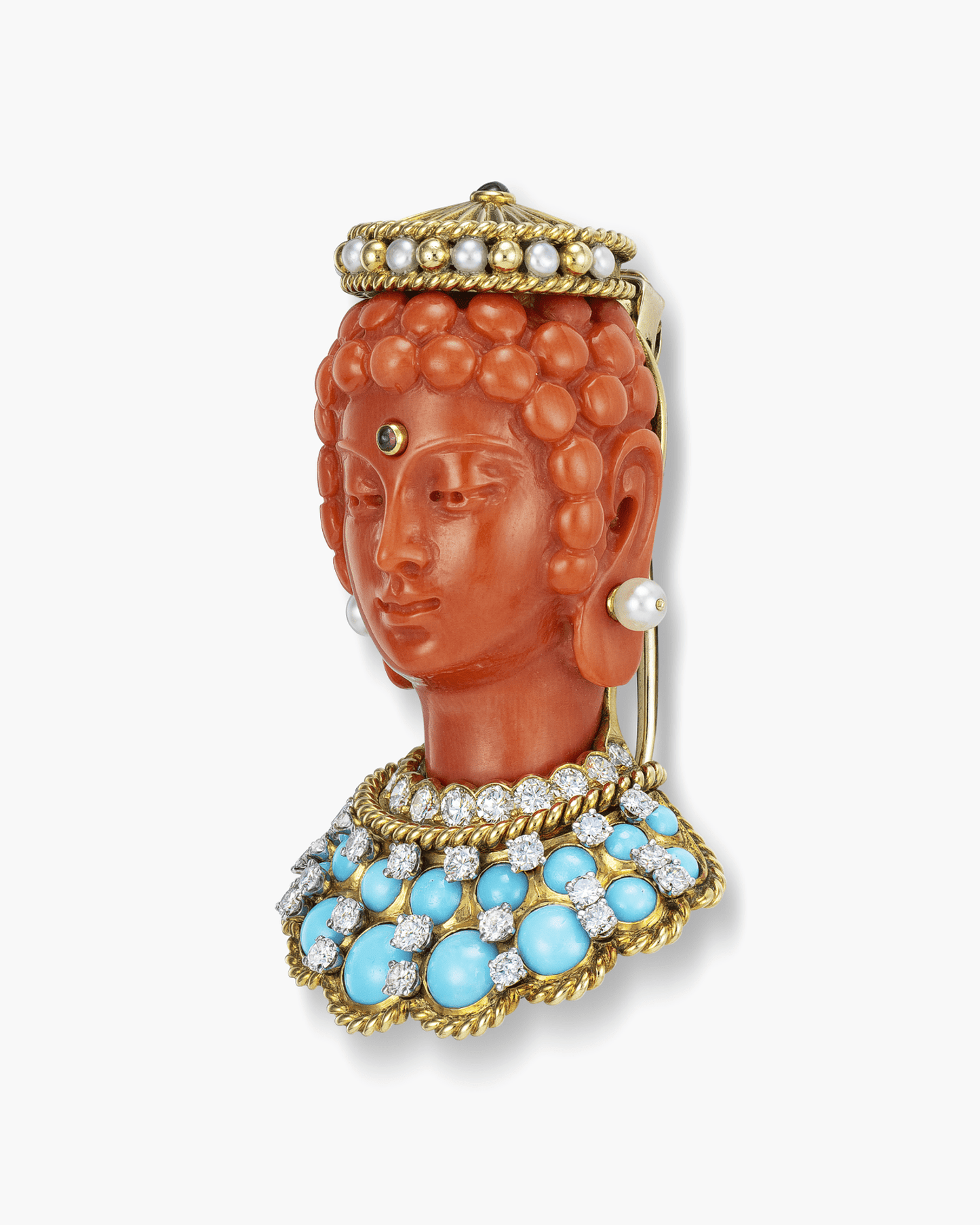 Estate Carved Coral, Turquoise and Diamond Bodhisattva Head Brooch by Cartier