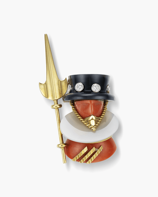 Estate Diamond, Coral, Onyx and Agate Beefeater Brooch by Cartier