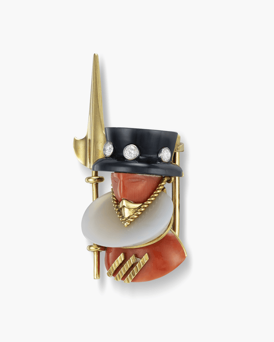 Estate Diamond, Coral, Onyx and Agate Beefeater Brooch by Cartier