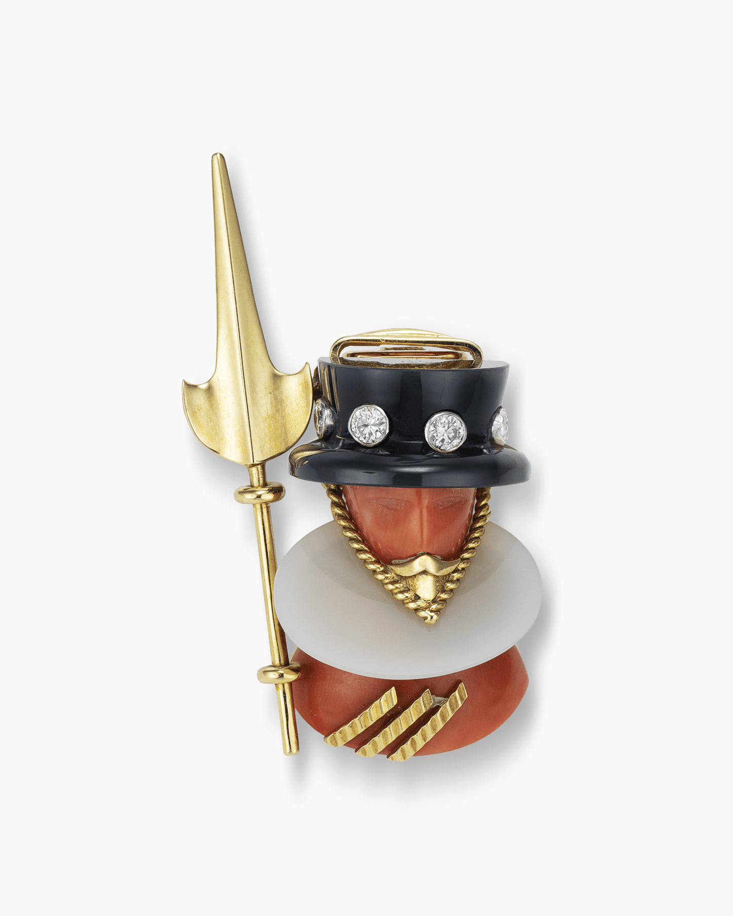 Estate Diamond, Coral, Onyx and Agate Beefeater Brooch by Cartier