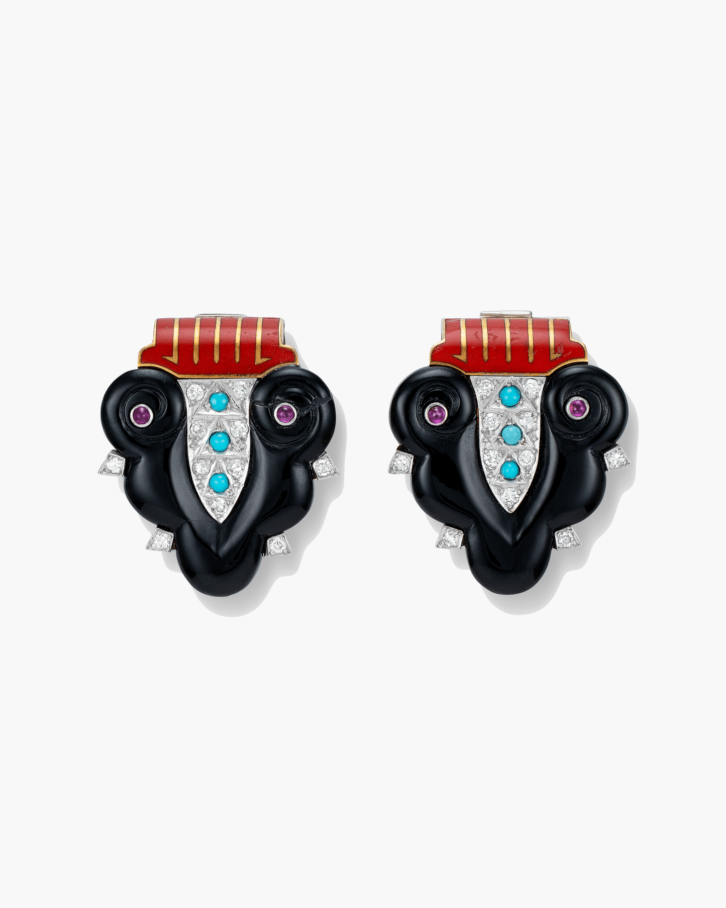 Art Deco Diamond, Ruby, Enamel, Onyx and Turquoise Lapel Clips by Cartier