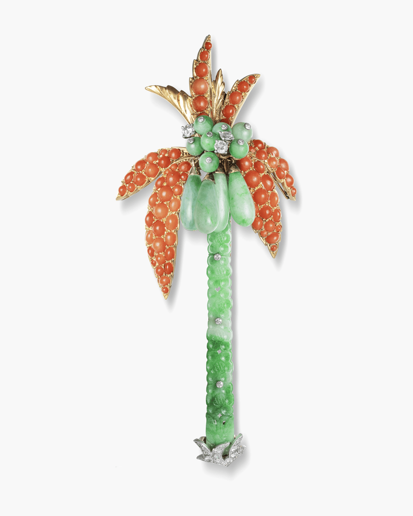Art Deco Jade, Coral and Diamond Palm Tree Brooch by Cartier