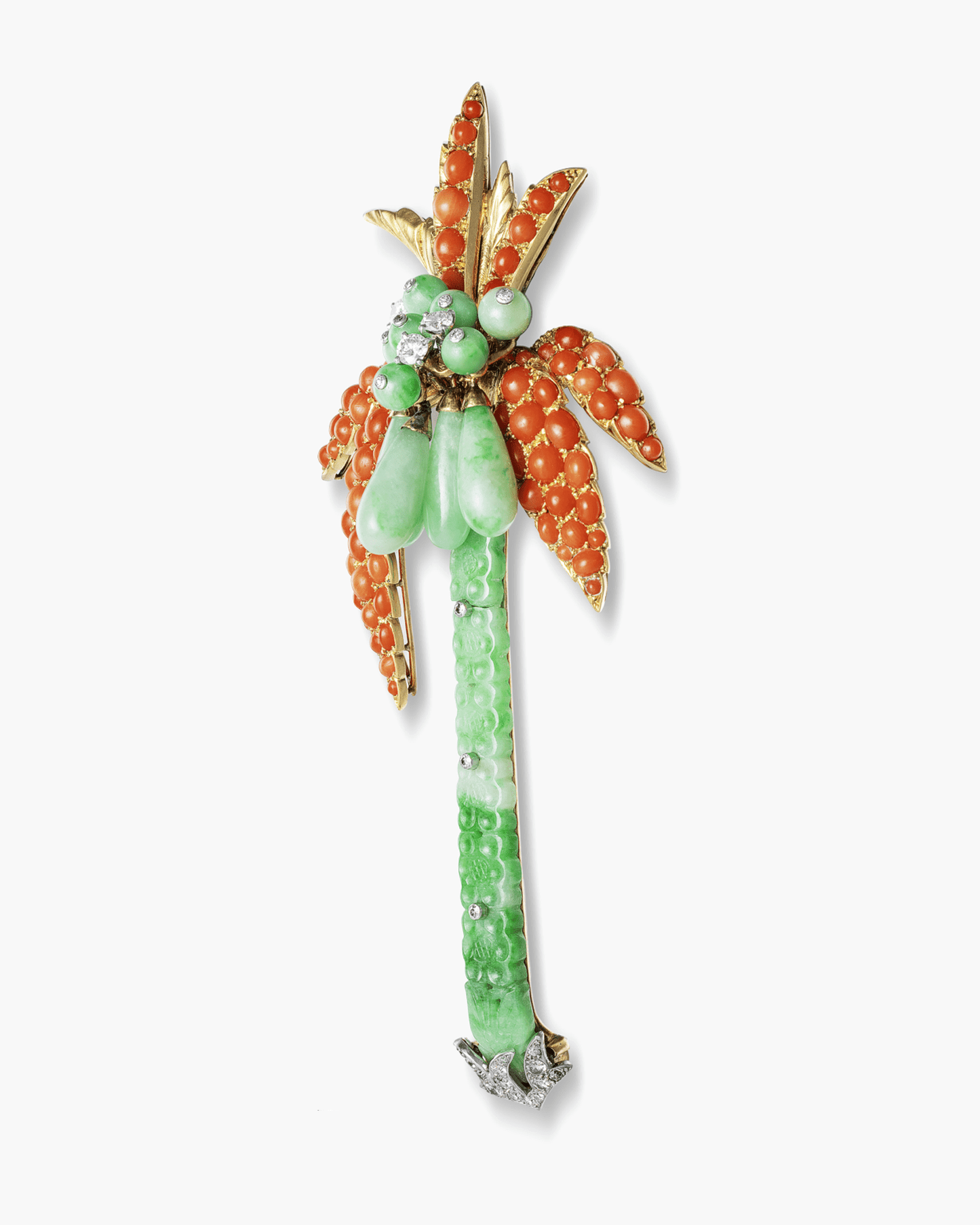 Art Deco Jade, Coral and Diamond Palm Tree Brooch by Cartier