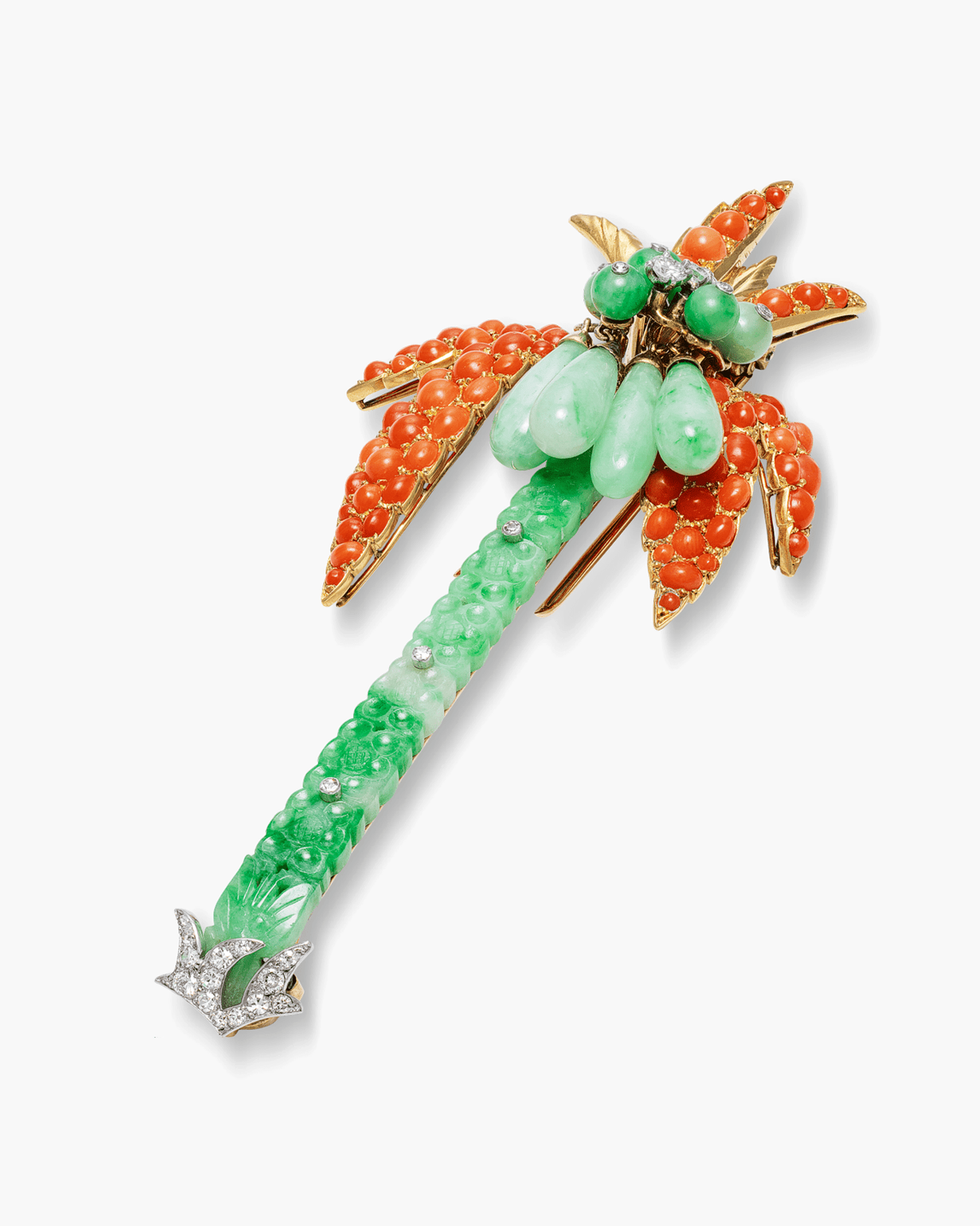Art Deco Jade, Coral and Diamond Palm Tree Brooch by Cartier