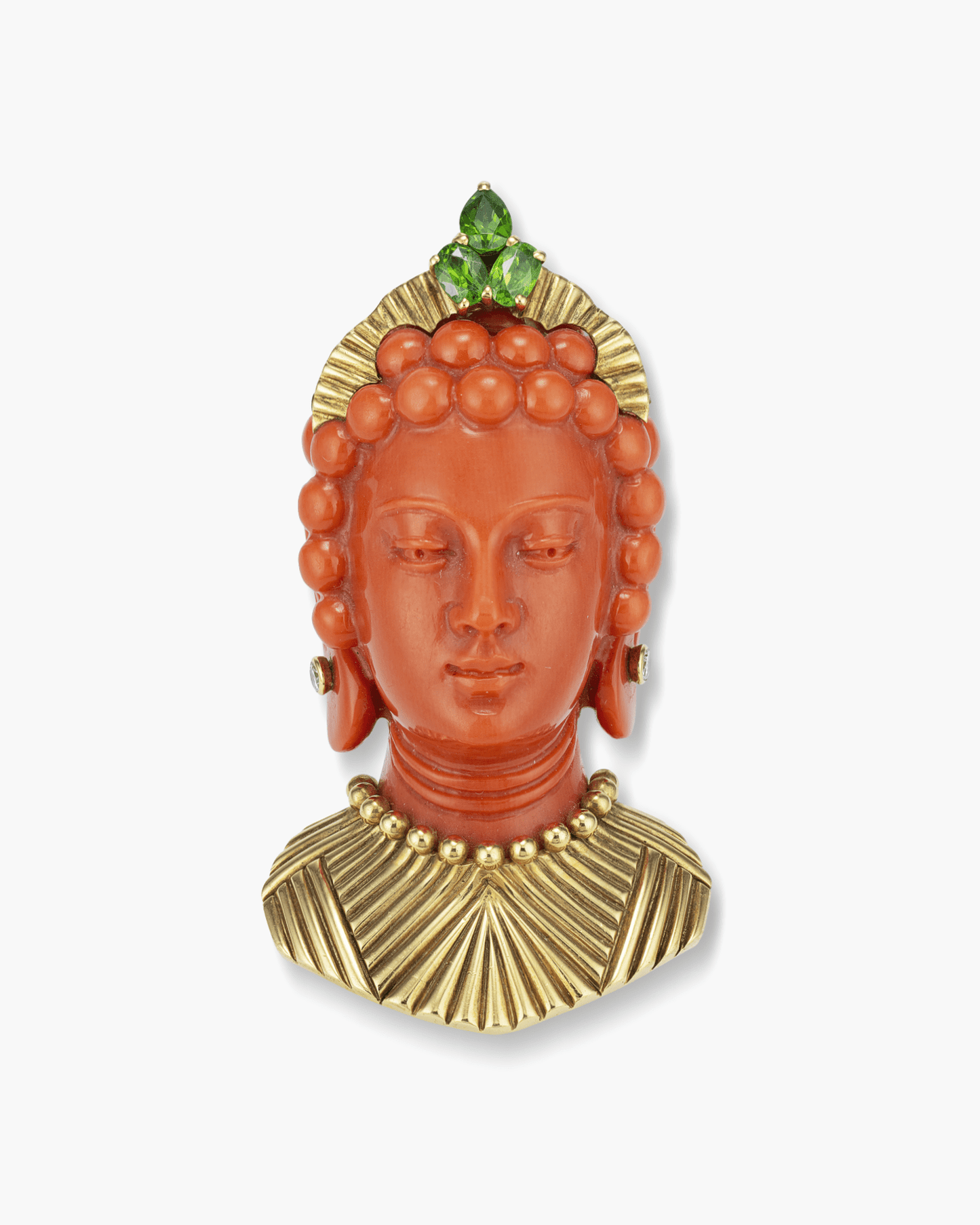 Estate Carved Coral, Diamond and Peridot Bodhisattva Head Clip Brooch by Cartier